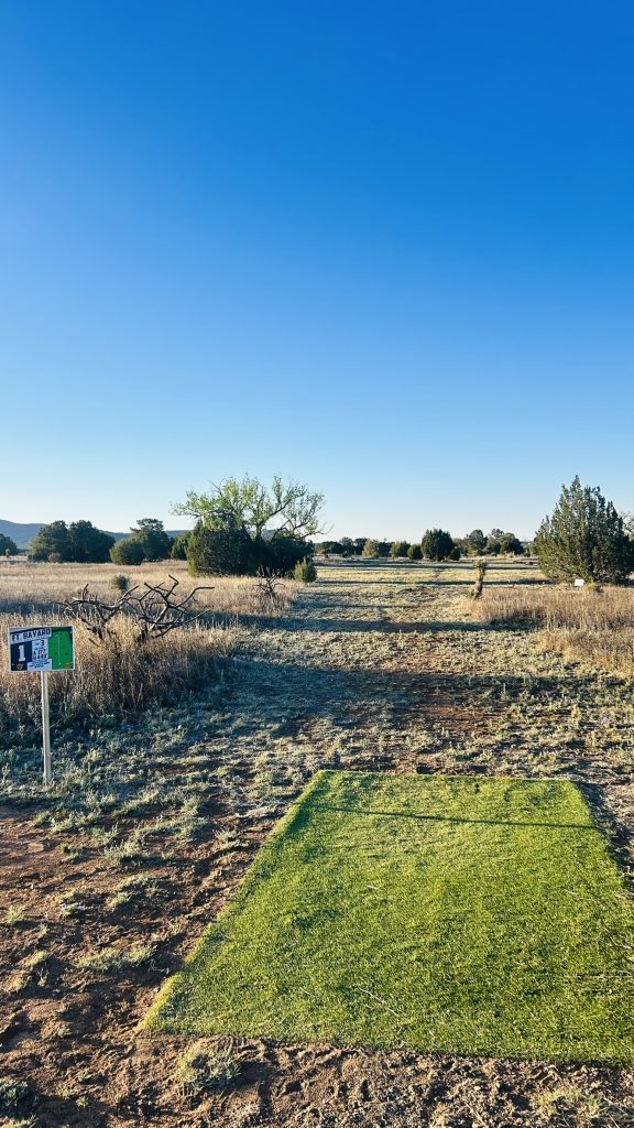 A green disc golf tee pad overlooking an open course beneath a clear blue sky.